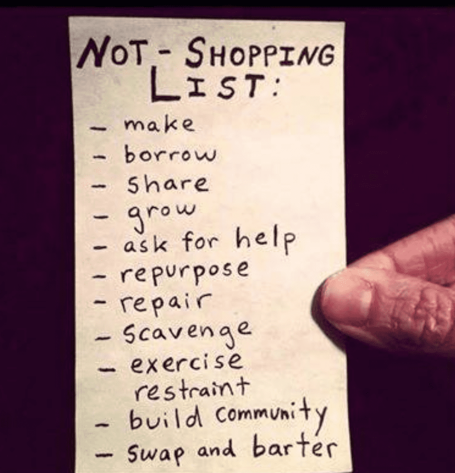 Not Shopping List: make, borrow, share, grow, ask for help, repurpose, repair, scavenge, exercise restraint, build community, swap and barter